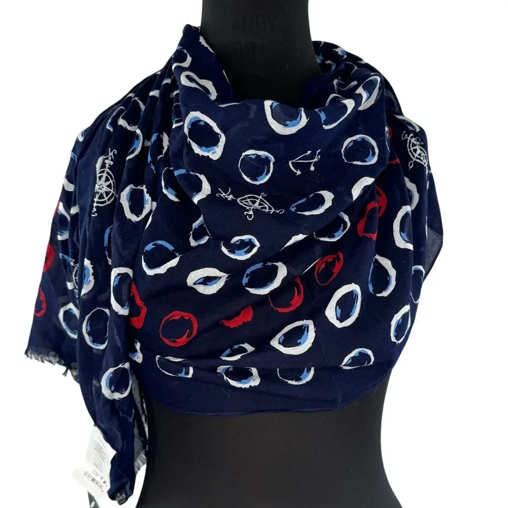 Fraas Navy Red White Nautical Rectangle Scarf Cotton Bold Casual Fringe Hem NEW